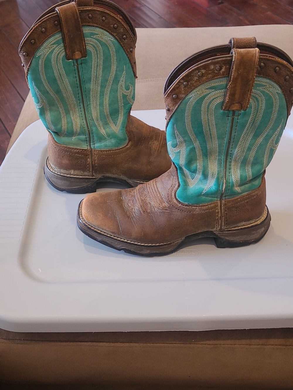 Durango Brown Leather Cowboy Boots with Turquoise Shaft Size 6.5